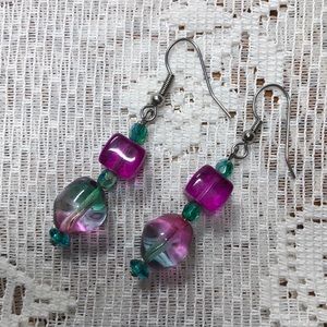 Turquoise and Purple Dangle Bead Earrings